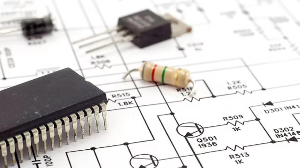 Componentes eletrônicos sobre diagrama de circuito