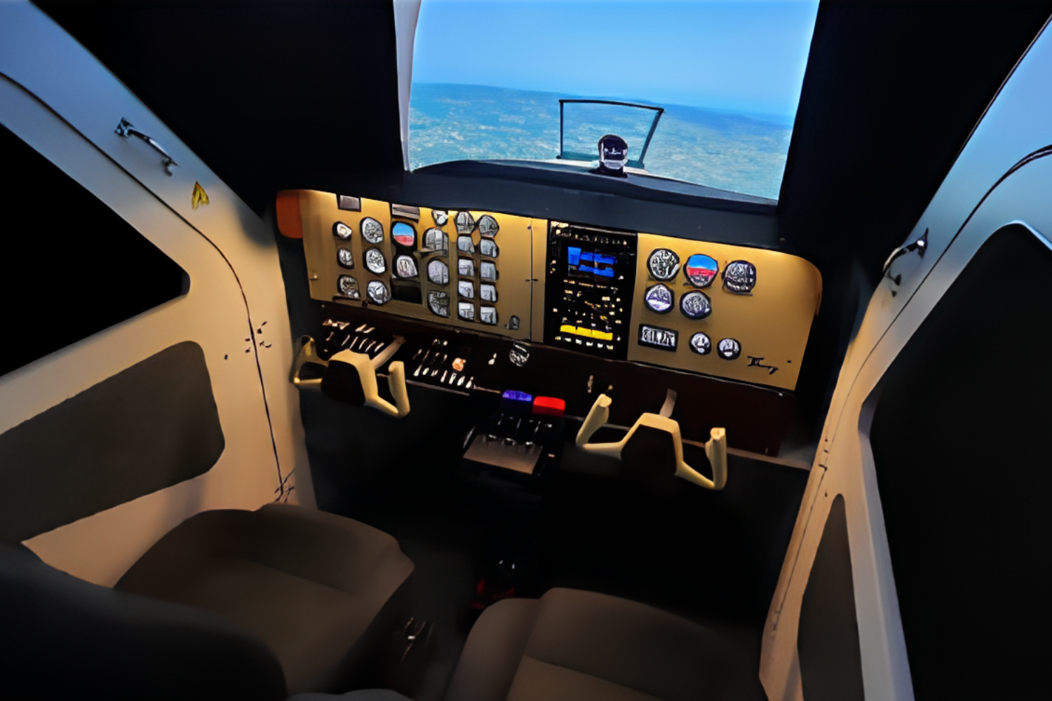 Cockpit de simulador AATD com instrumentos analógicos e glass